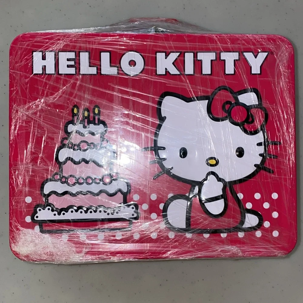 Hello Kitty Birthday Cake Embossed Metal Lunch Box & Bag, raspberry